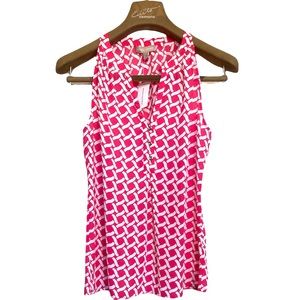 SM•NWT•BANANA REPUBLIC•PINK & WHITE SLEEVELESS V-NECK BLOUSE W BUTTON DETAIL•